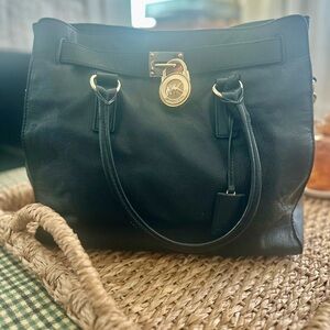 Michael Kors Black Leather Tote with Gold Accents